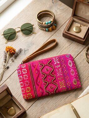 Macchia di Ruggine PINK Beaded Wristlet Pouch – Boho Aztec Padded Clutch Bag